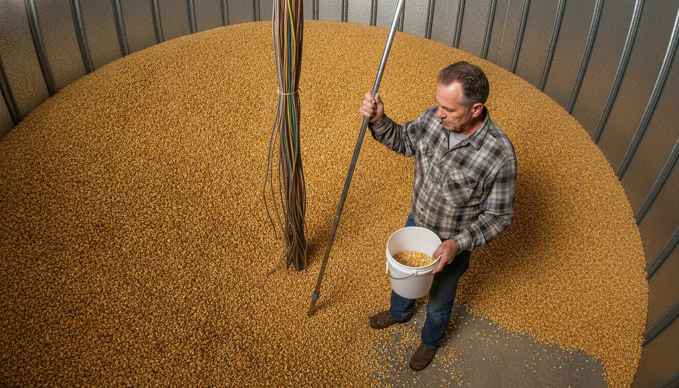 Farmer taking a grain sample beside temperature monitoring cables inside a bin