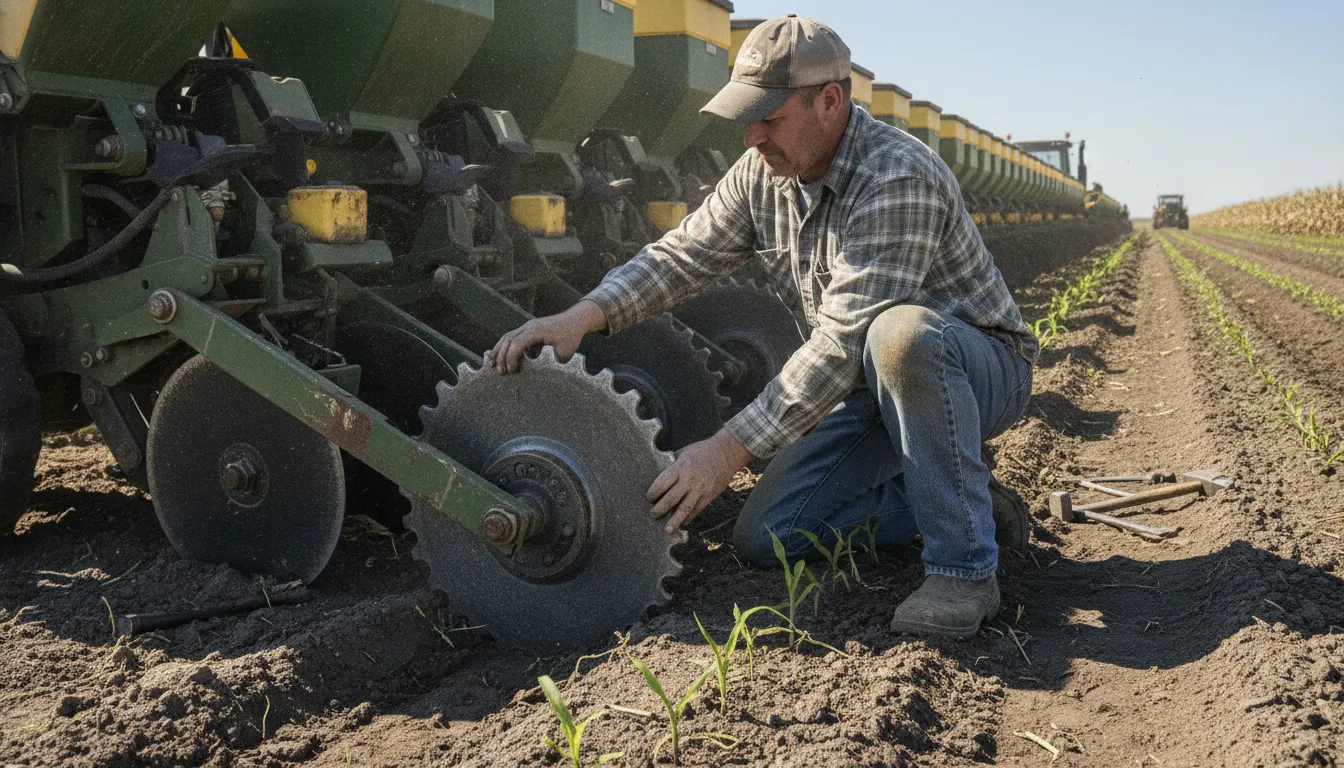 Farmer adjusting a steel closing wheel on a planter during spring planting