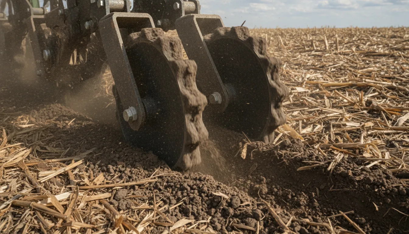 Planter closing wheels closing the seed trench in a no-till field with crop residue