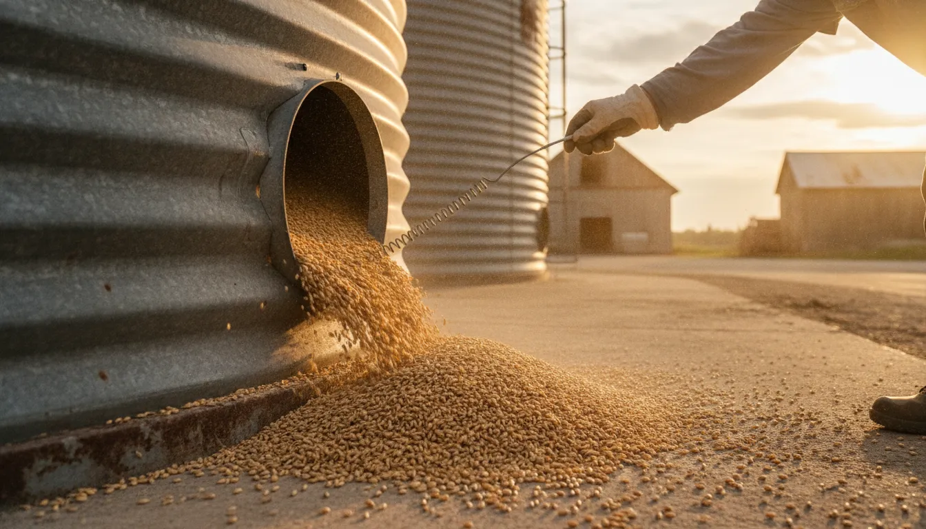 Farmer inserting a temperature probe into a galvanized steel wheat bin