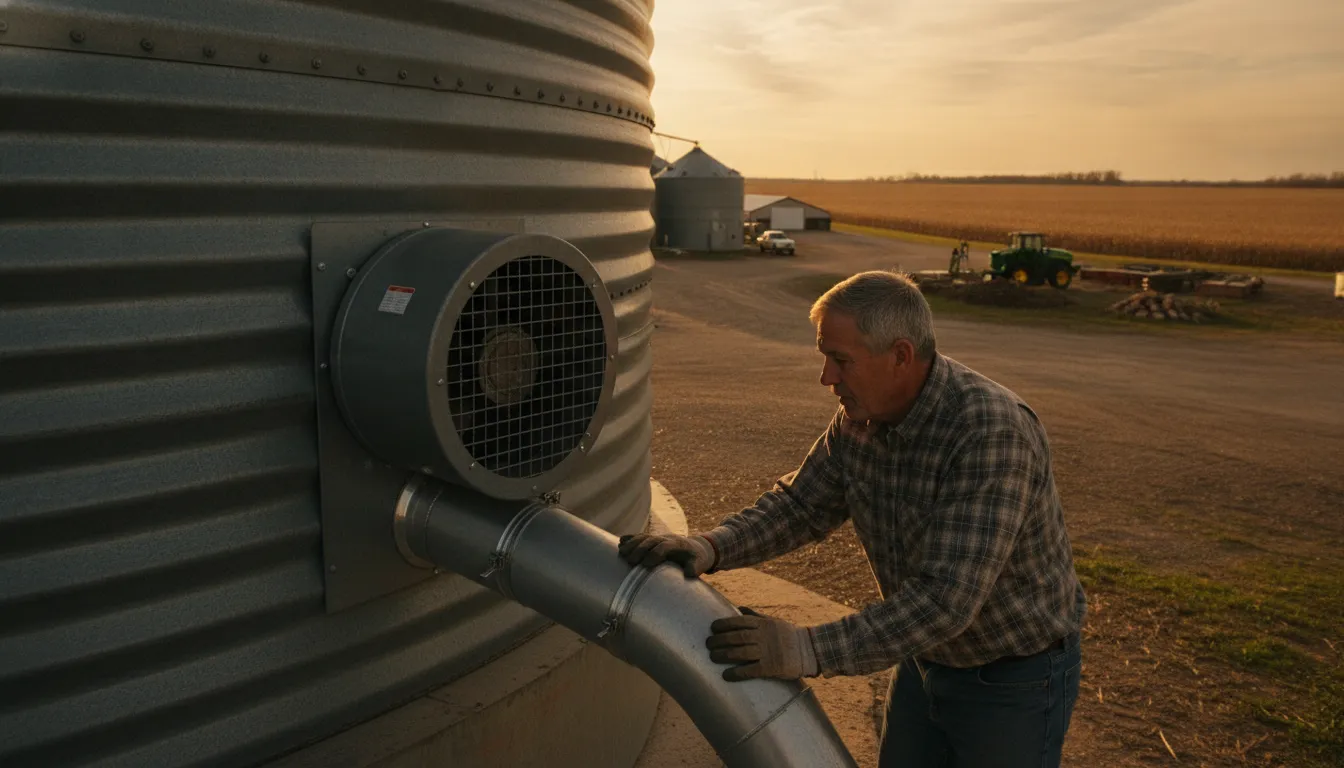 Farmer inspecting a grain bin aeration fan