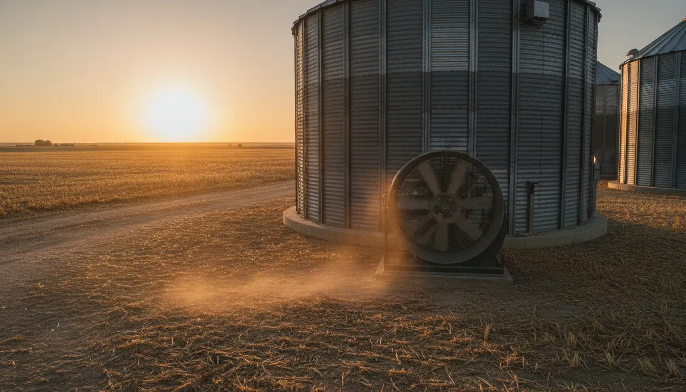 Grain bin aeration fan operating on a farm