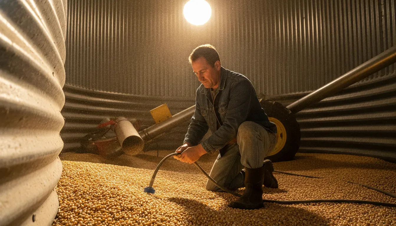Farmer inspecting a grain bin temperature probe