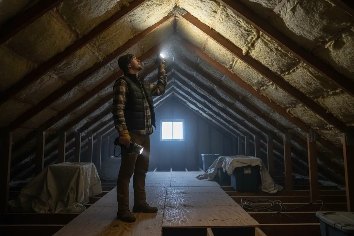 A homeowner checks attic insulation and roof framing from a safe position
