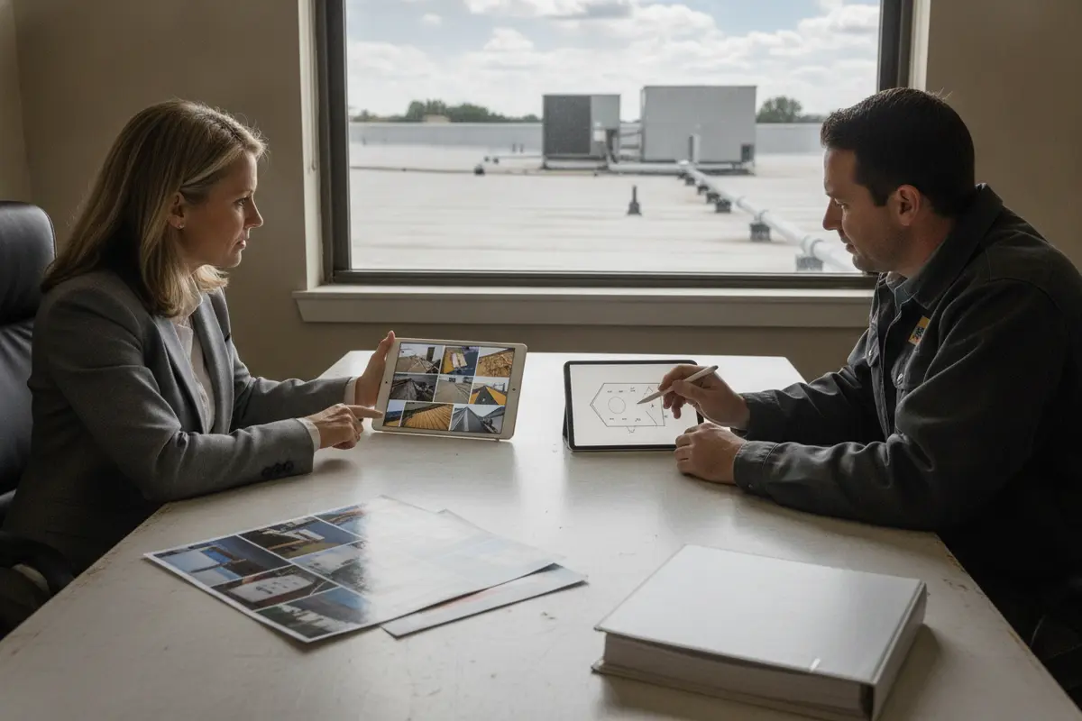 A property manager reviews roof inspection notes with a roofing professional