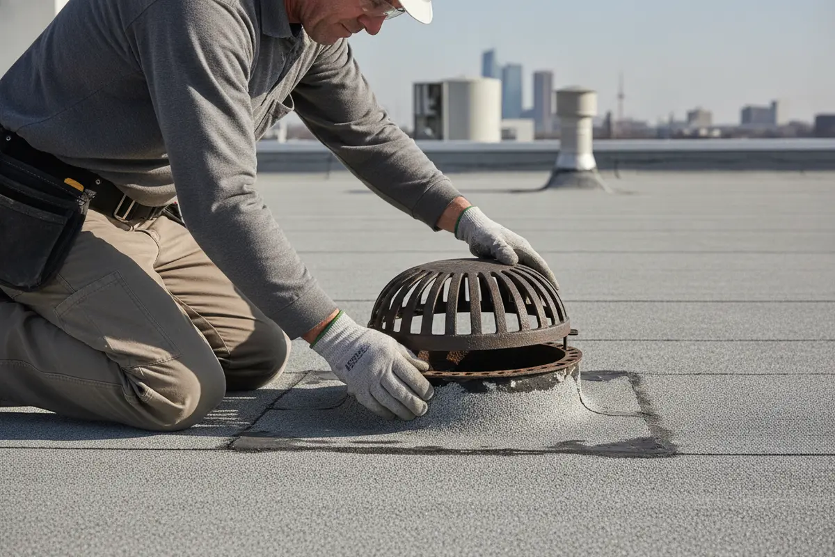 A roofing professional checks a commercial roof drain and nearby surface