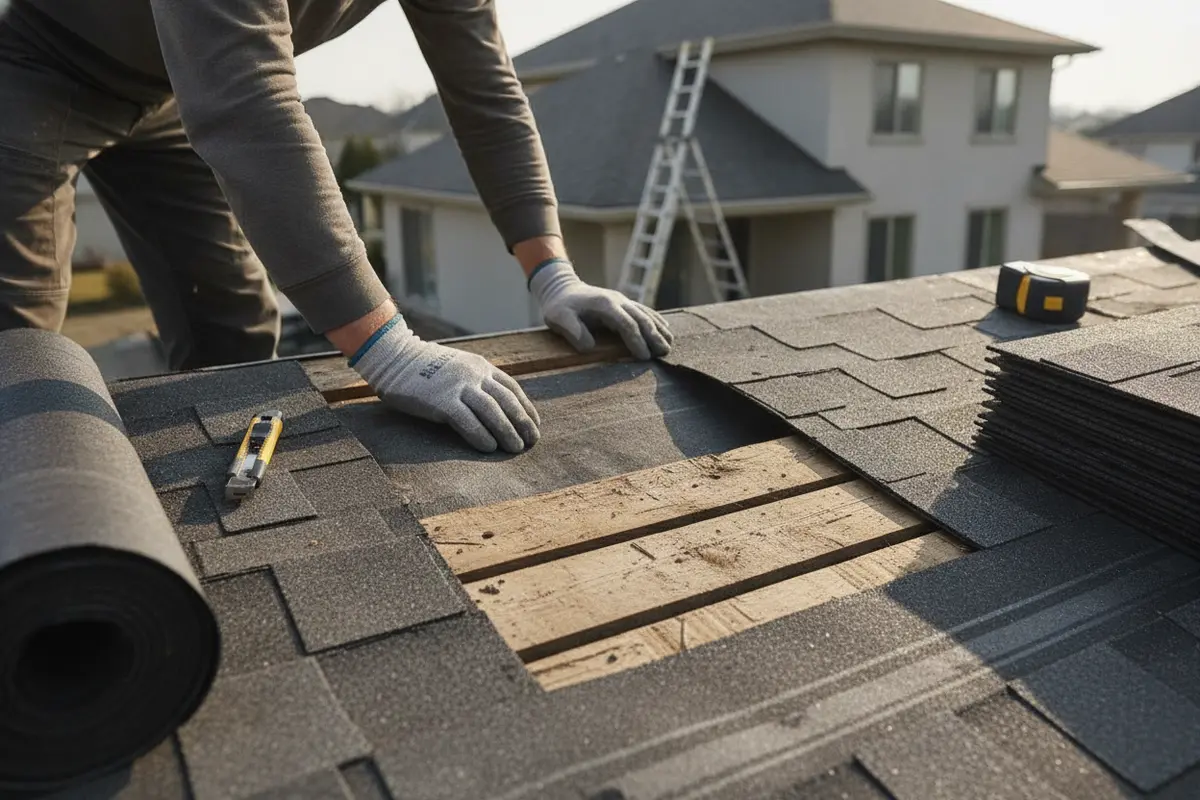 Close inspection of underlayment and roof deck at an opened roof section