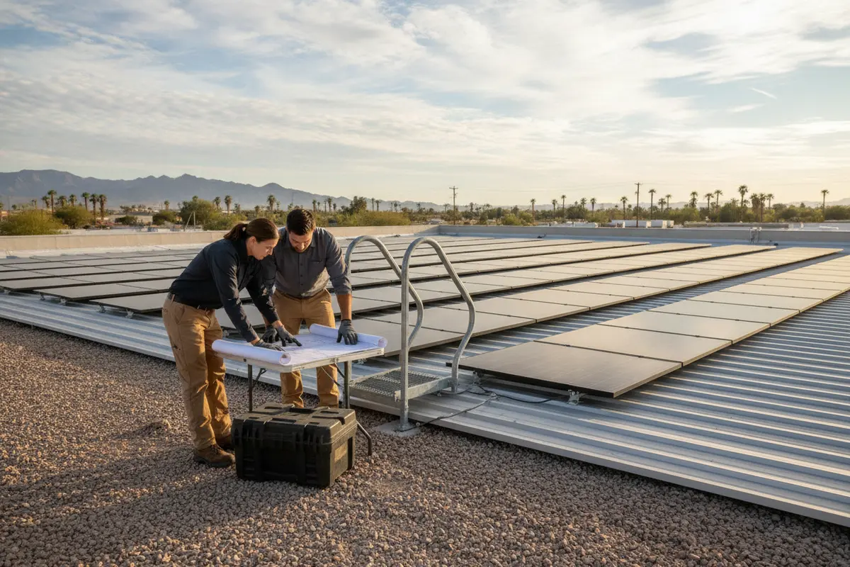 Professionals reviewing a solar layout and metal roof details
