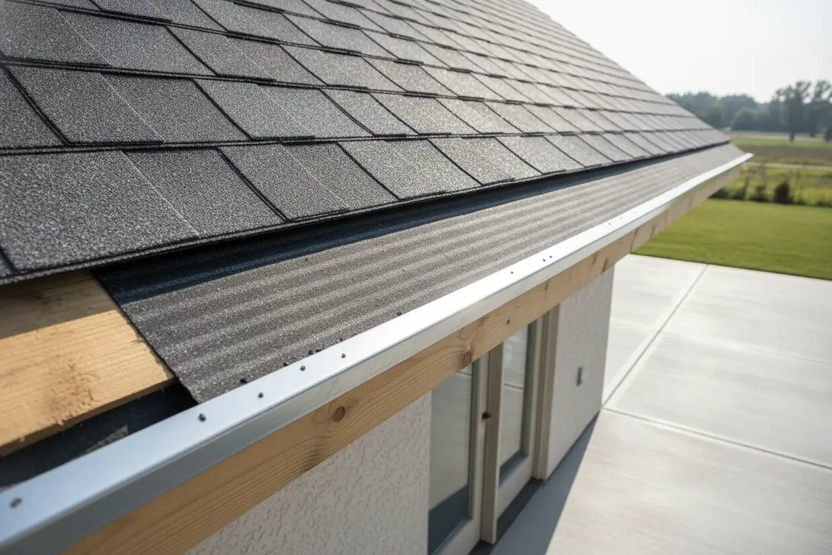 Roof deck, underlayment, and shingles shown as layers in a roof assembly