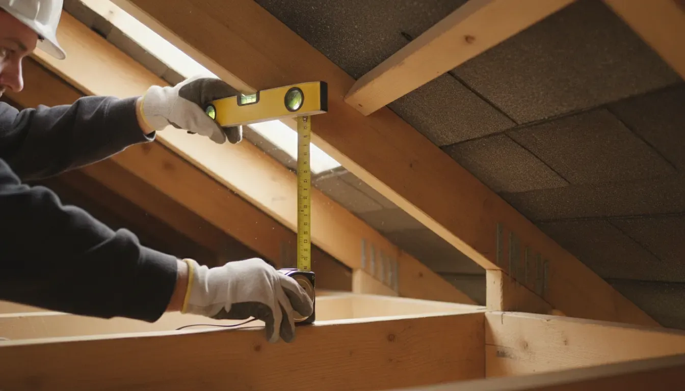 Roofing professional using a level and tape measure to check roof pitch
