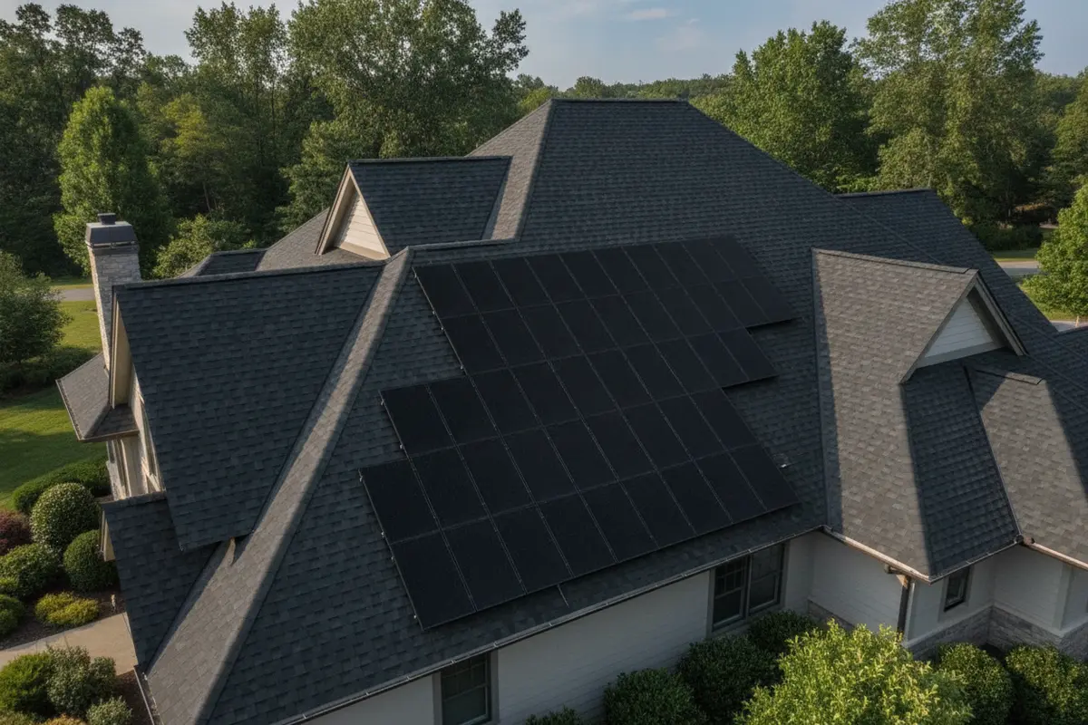 Solar shingles integrated with matching roofing on a residential roof