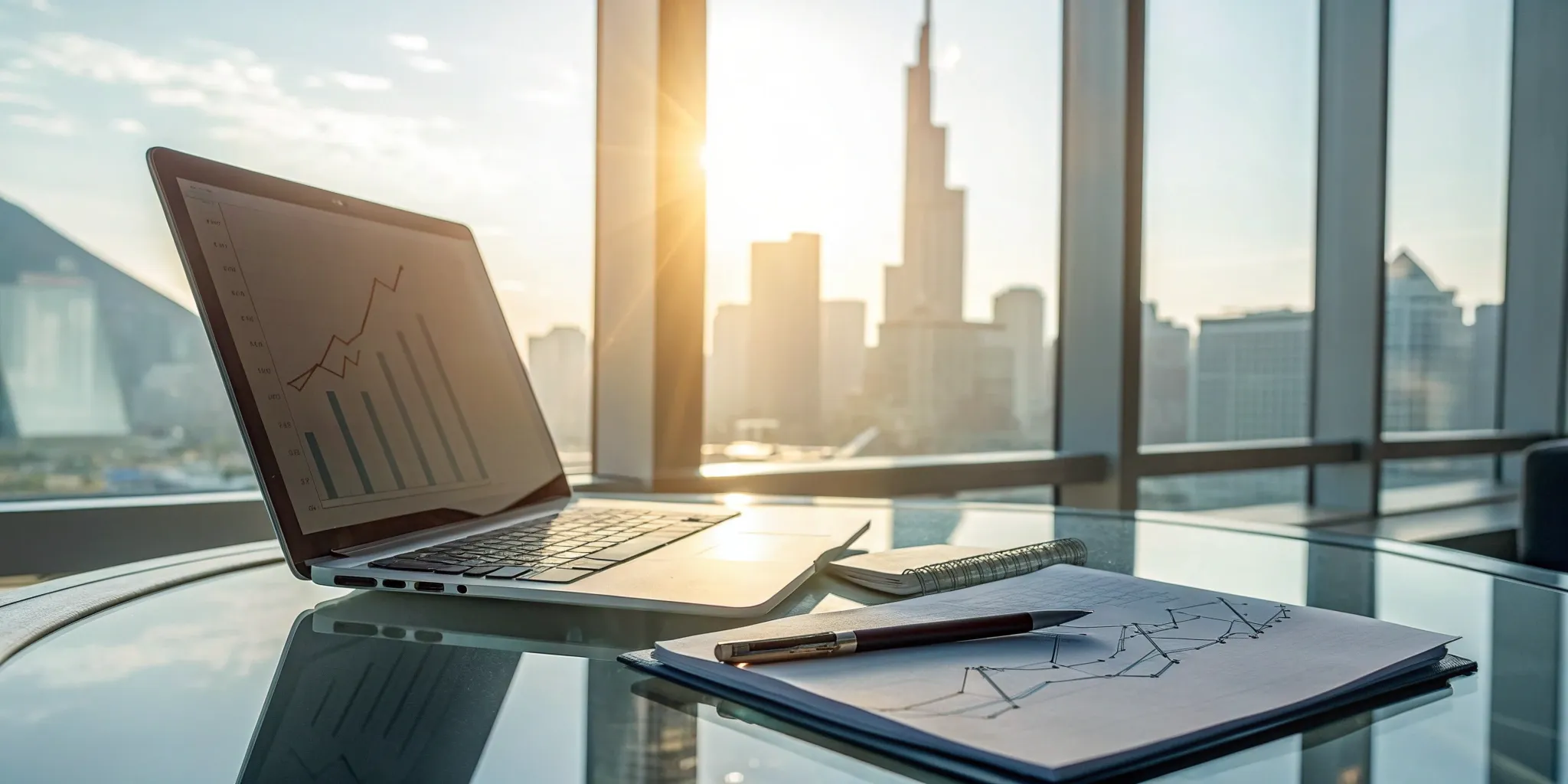 A laptop on a desk displaying a newsletter revenue forecast chart for growth planning.