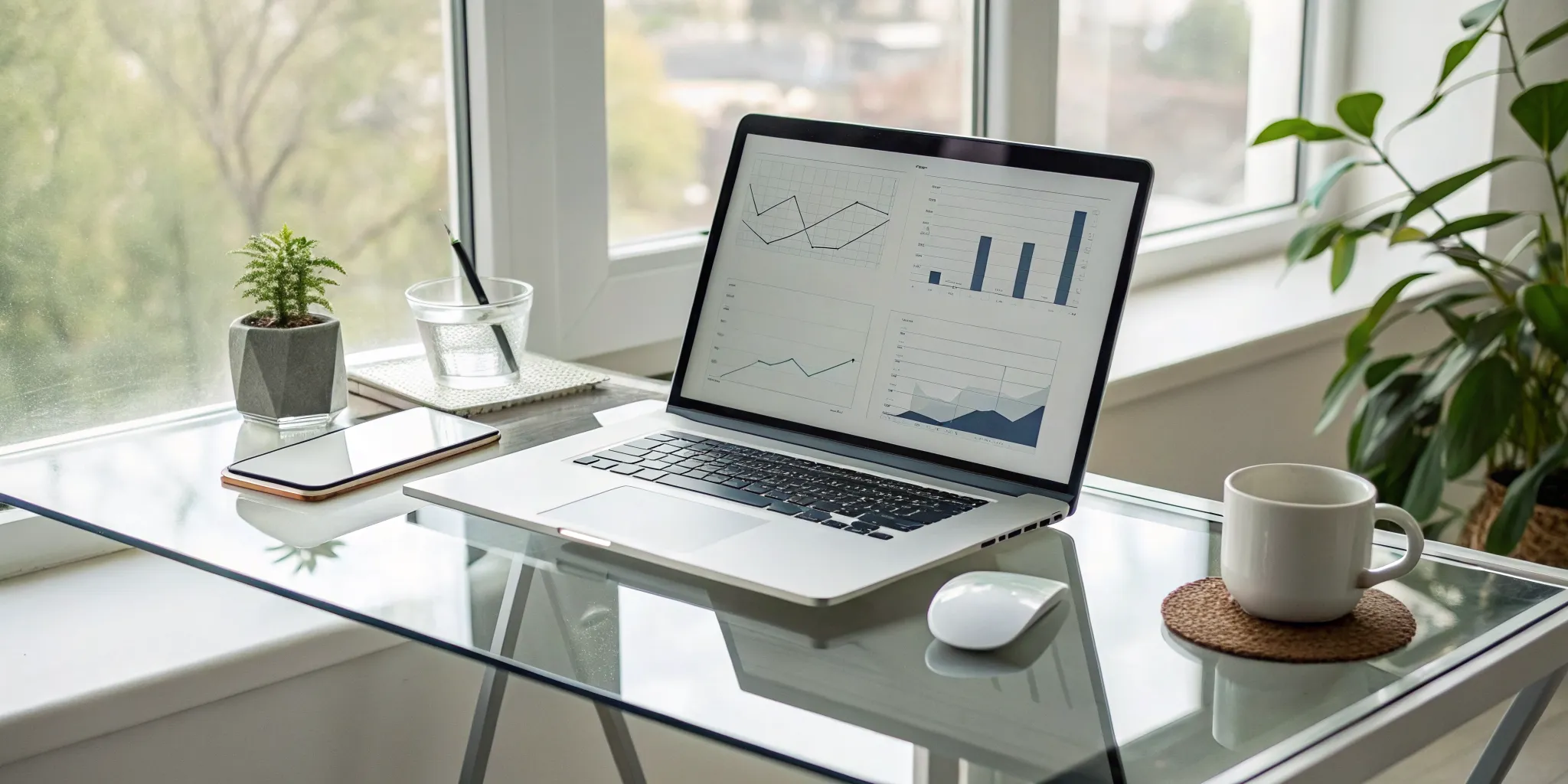Laptop displaying newsletter engagement analytics on a desk with a smartphone and coffee.