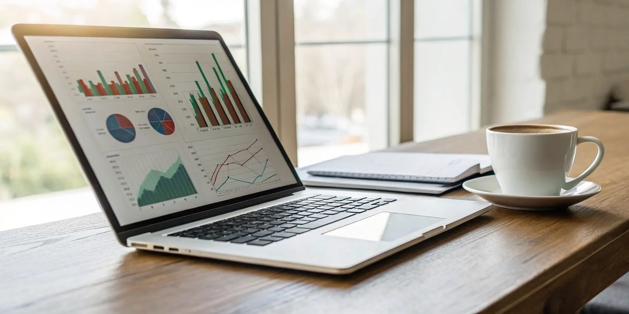Laptop displaying newsletter performance charts and graphs for a client report.