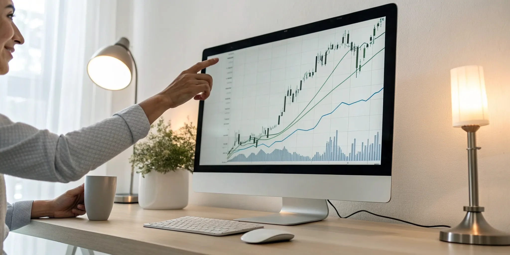 Person pointing at a rising graph, tracking the success of a strategy to scale newsletter advertising.