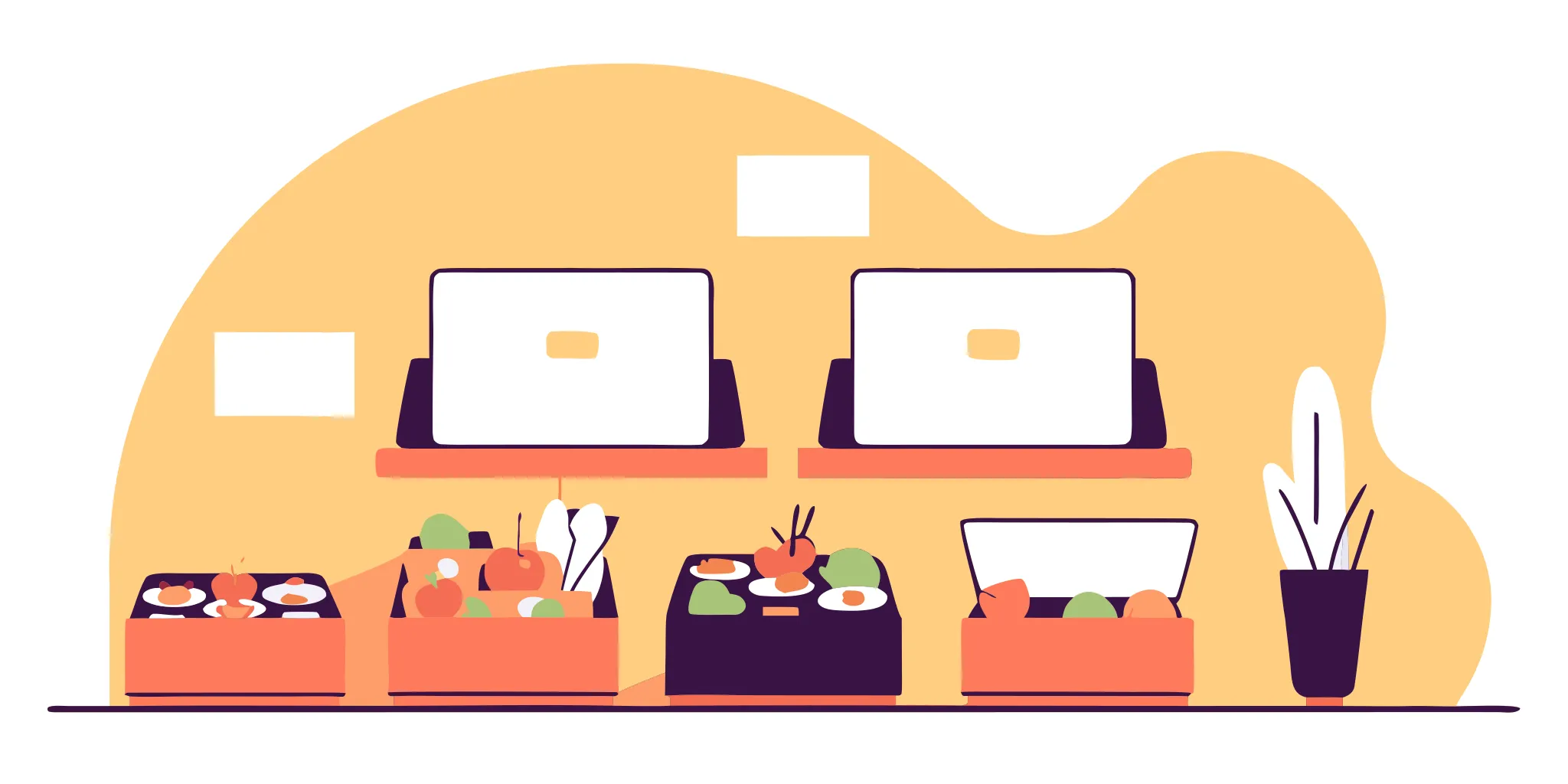 Assorted boxed lunches with diverse cuisines arranged on a modern Portland office table