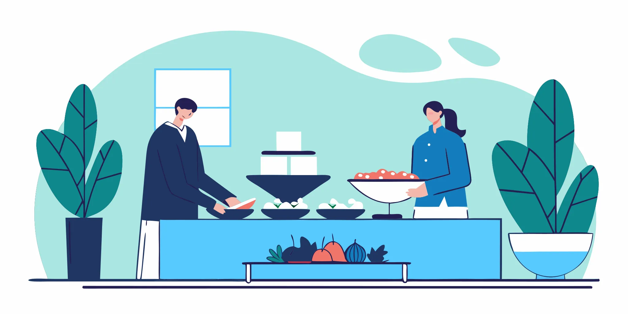 Polished executive meeting catering buffet setup in a Portland office