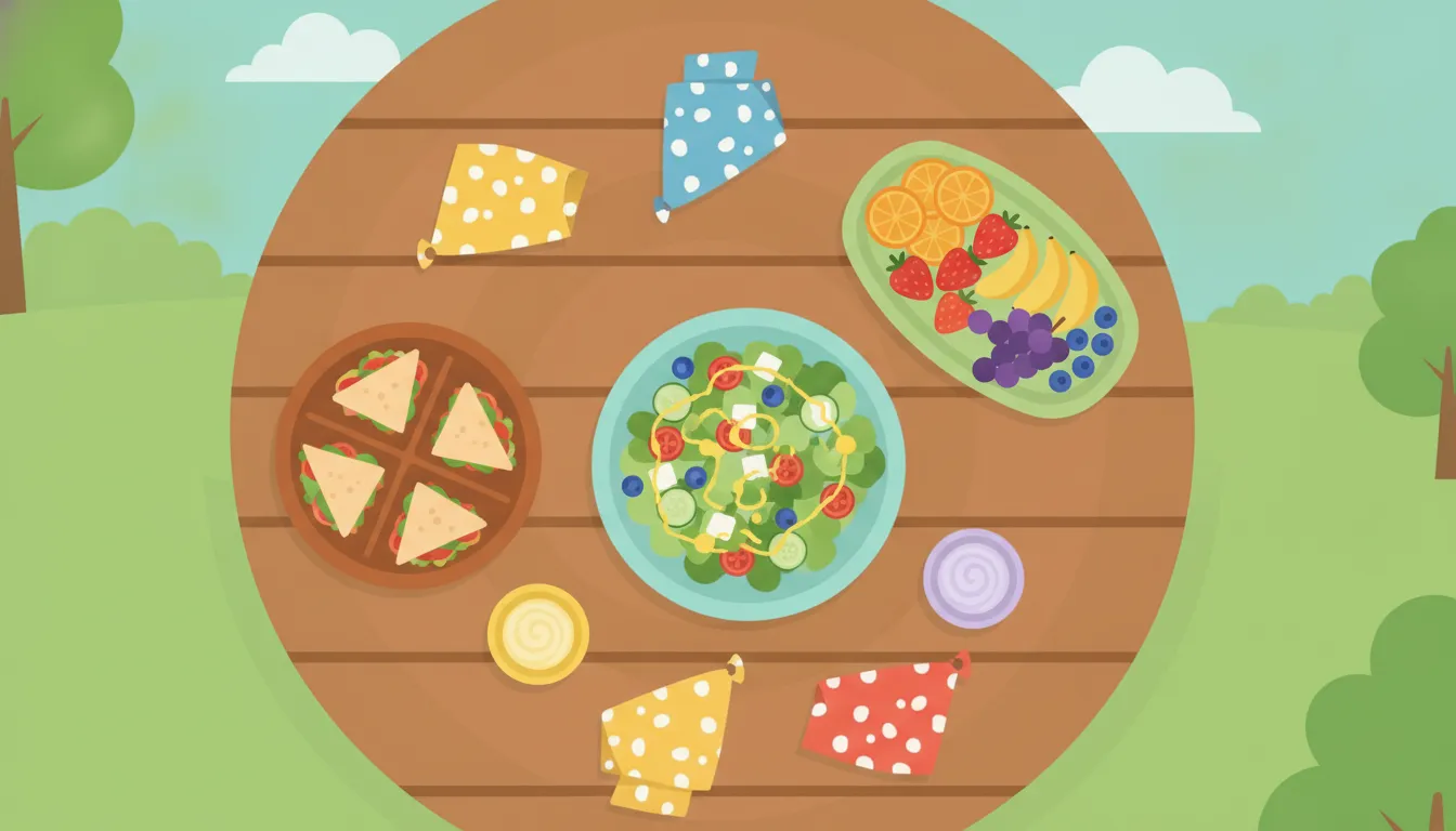 A spread of portable picnic dishes, salads, sandwiches, fruit, and desserts on an outdoor table