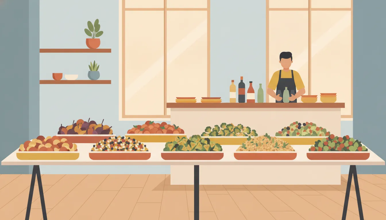 A diverse catered office lunch spread with clearly labeled dishes arranged on a table for a Portland team