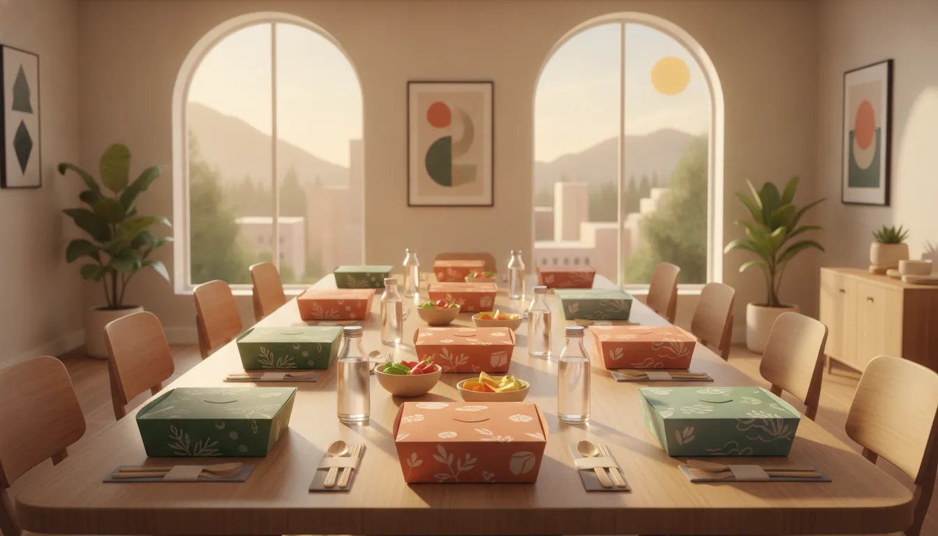 Neatly arranged individually boxed office lunches on a conference table in a modern Portland workplace