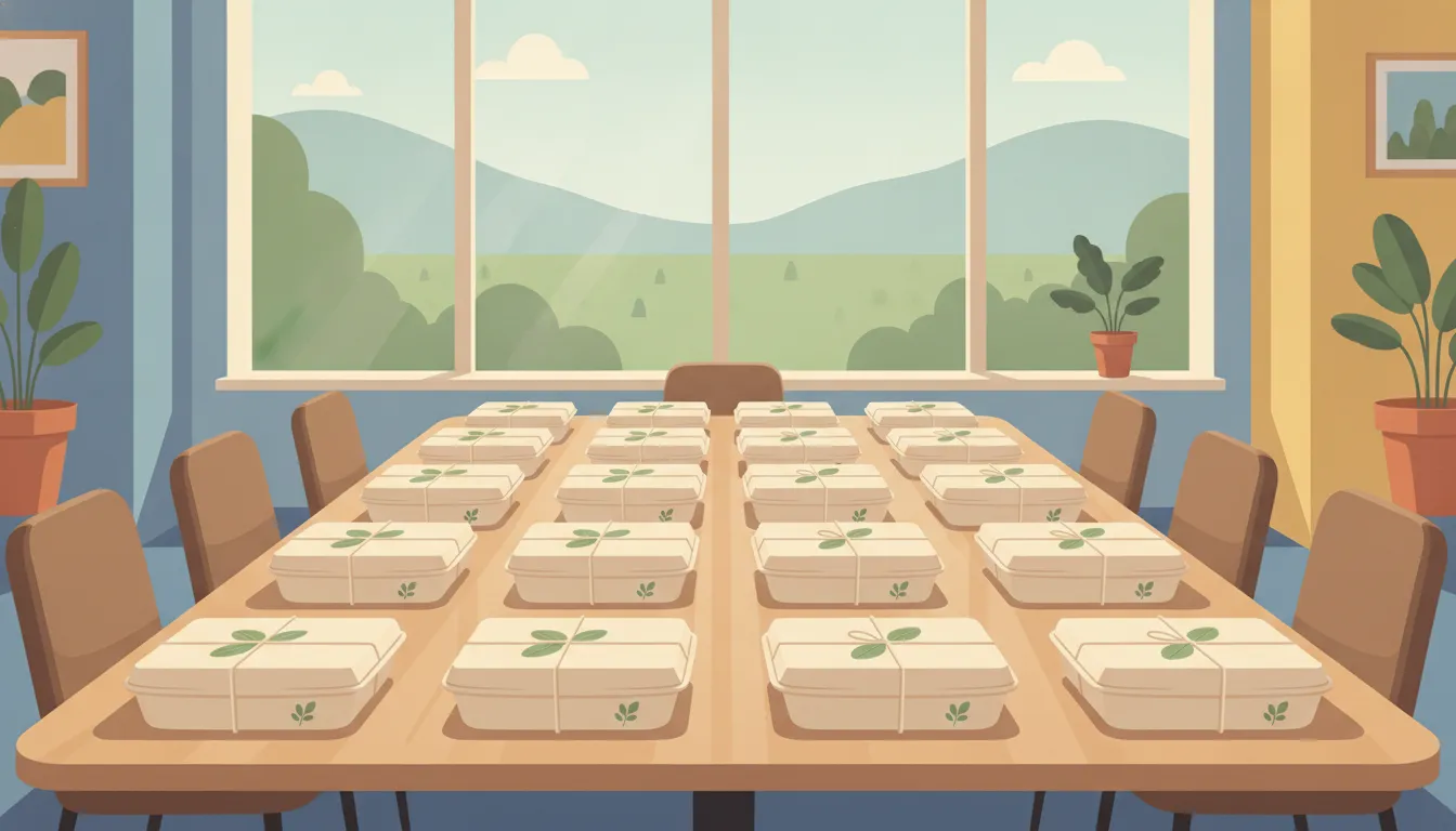 Individually boxed lunches arranged neatly on a conference table, ready for a corporate meeting
