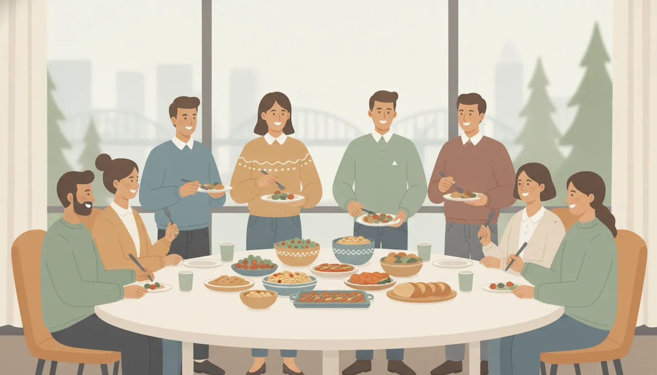 Portland office team sharing a buffet lunch during a meeting