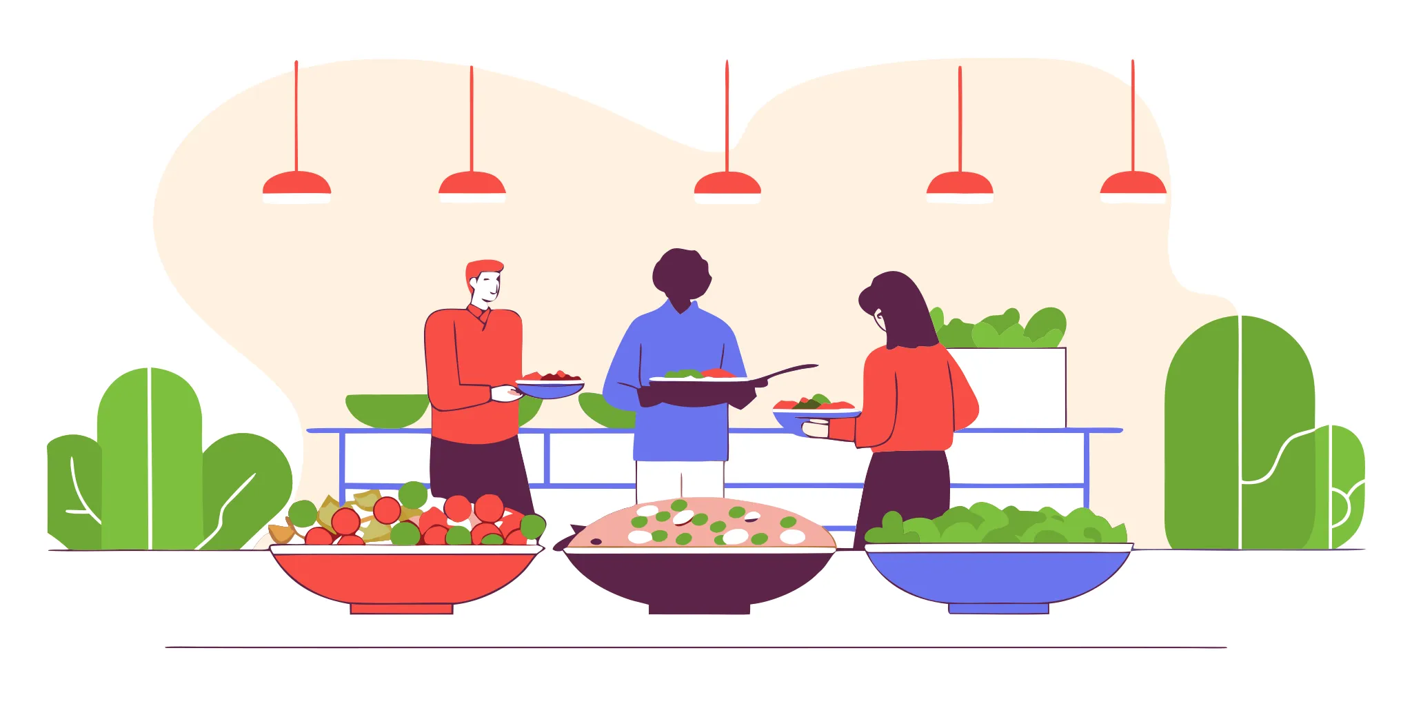 Catering buffet table with colorful salads, vegetable platters, and labeled dishes in a modern Portland office setting