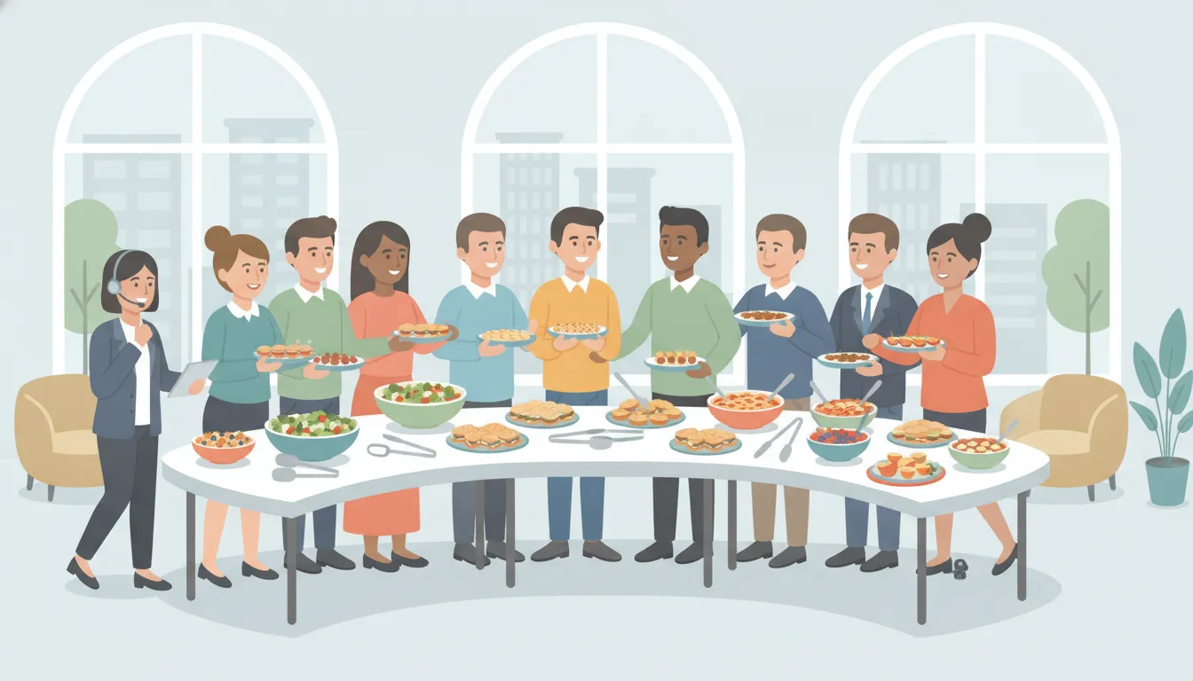 Portland office team gathering around a carefully arranged catered buffet
