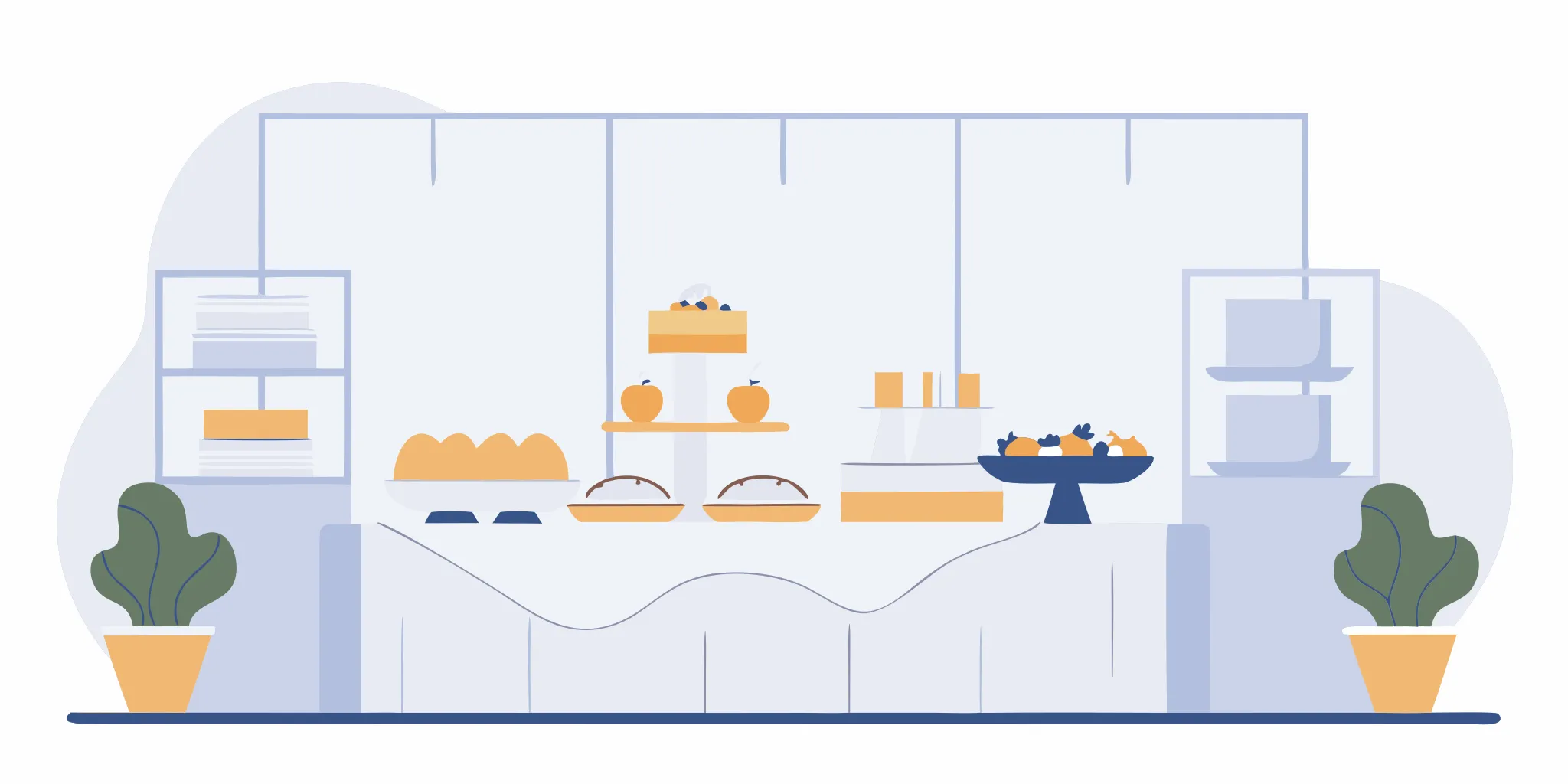Modern office buffet table with clearly labeled gluten-free dishes, separate serving utensils, and organized food stations