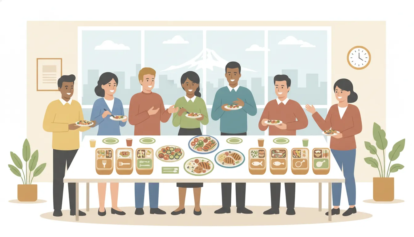 A spread of family-style platters and clearly labeled boxed meals prepared for a company milestone celebration in a Portland office