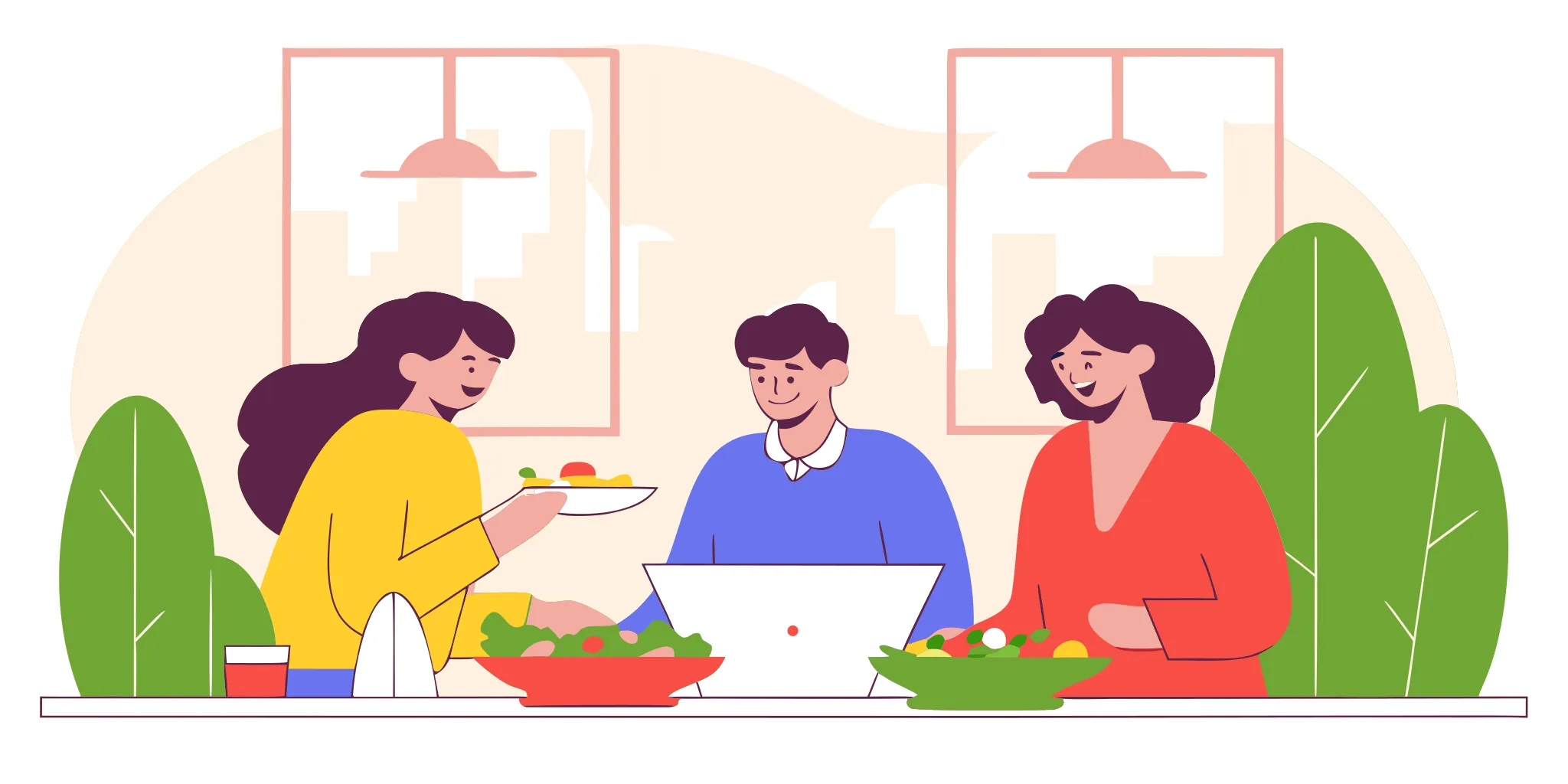 Office team enjoying a catered lunch around a conference table in a modern Portland office