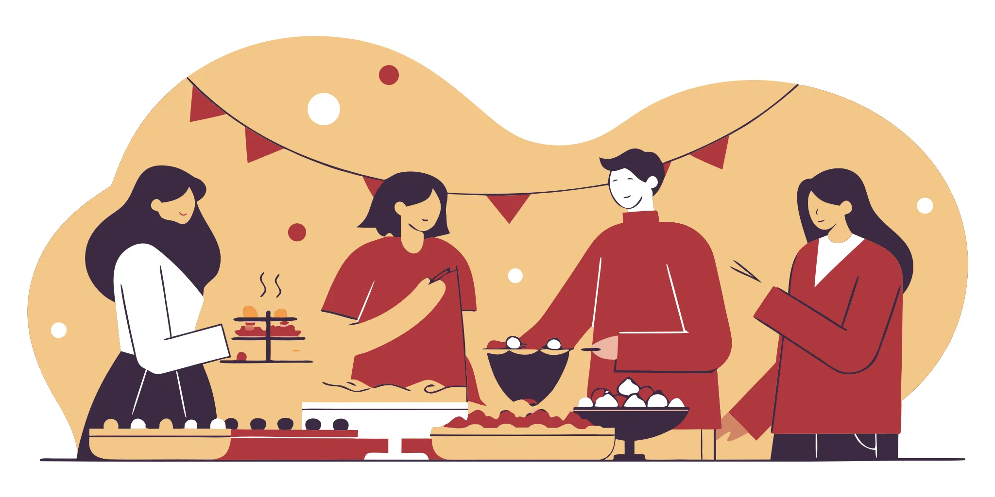Office team gathering around a buffet-style catering setup with labeled dishes in a bright Portland workplace