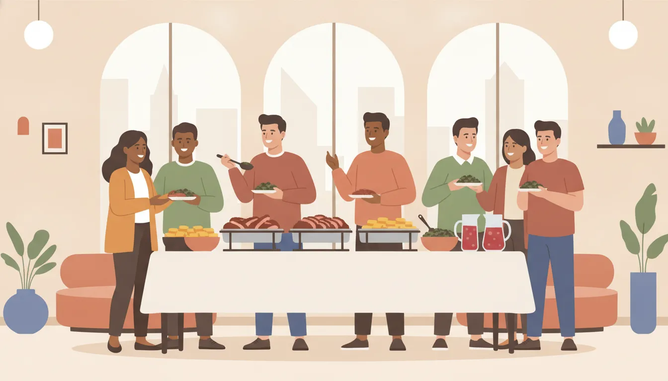 Portland office team sharing a Juneteenth food buffet with barbecue, collard greens, and red drinks