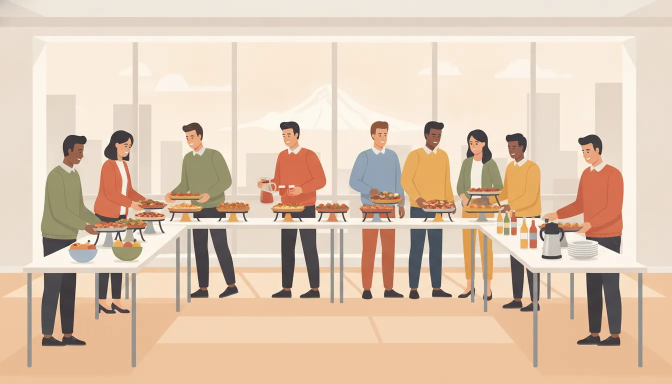 Coworkers arranging an office buffet with clear serving space