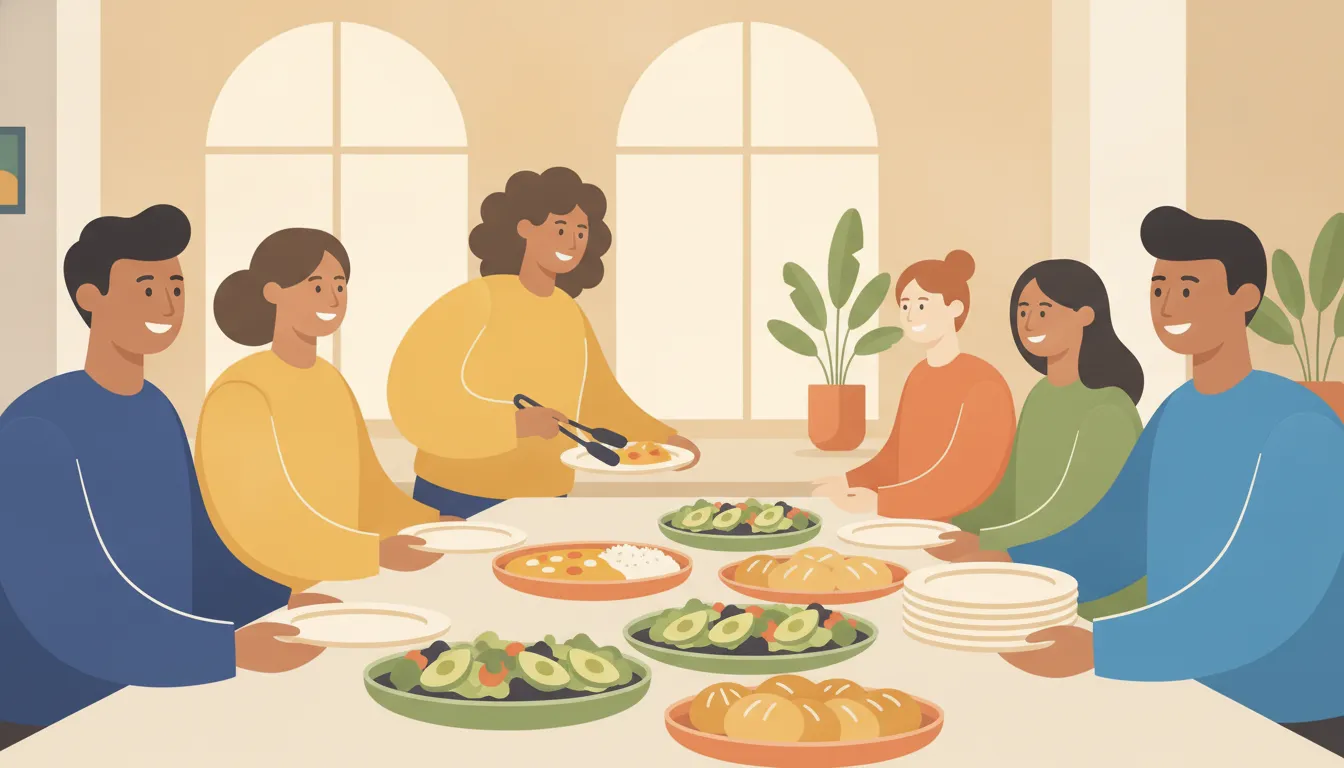 Portland coworkers sharing varied portions at an office lunch