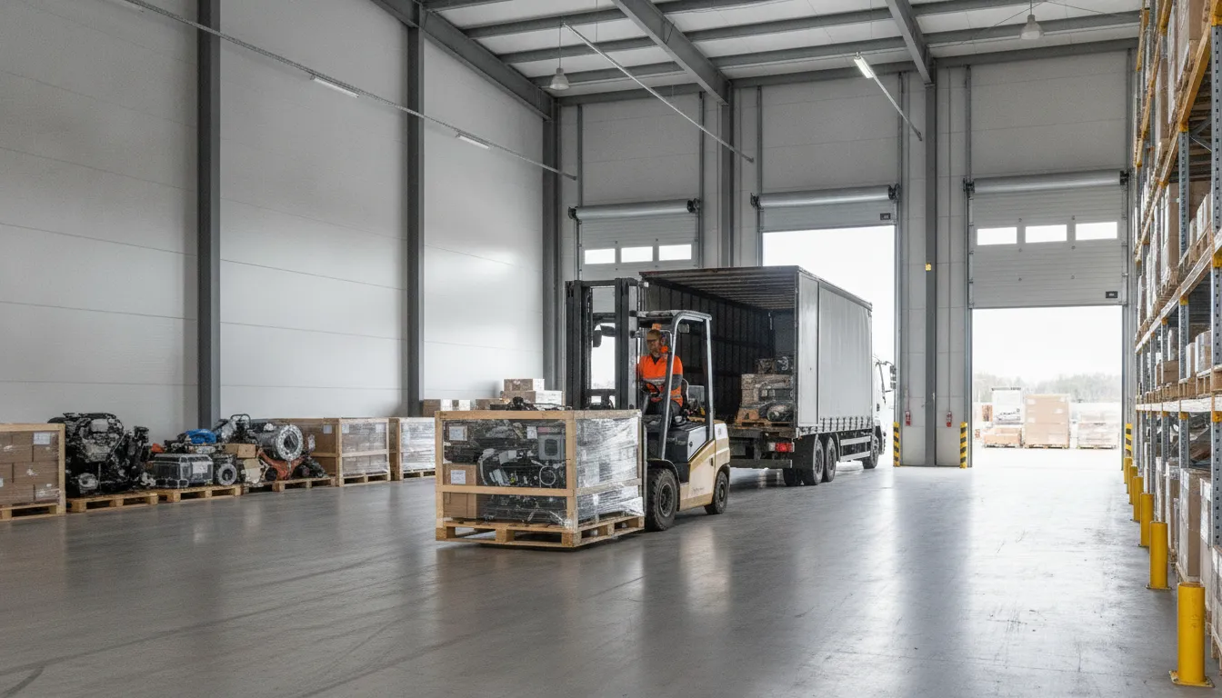 Modern cargo warehouse logistics showing a forklift moving automotive components near loading docks.