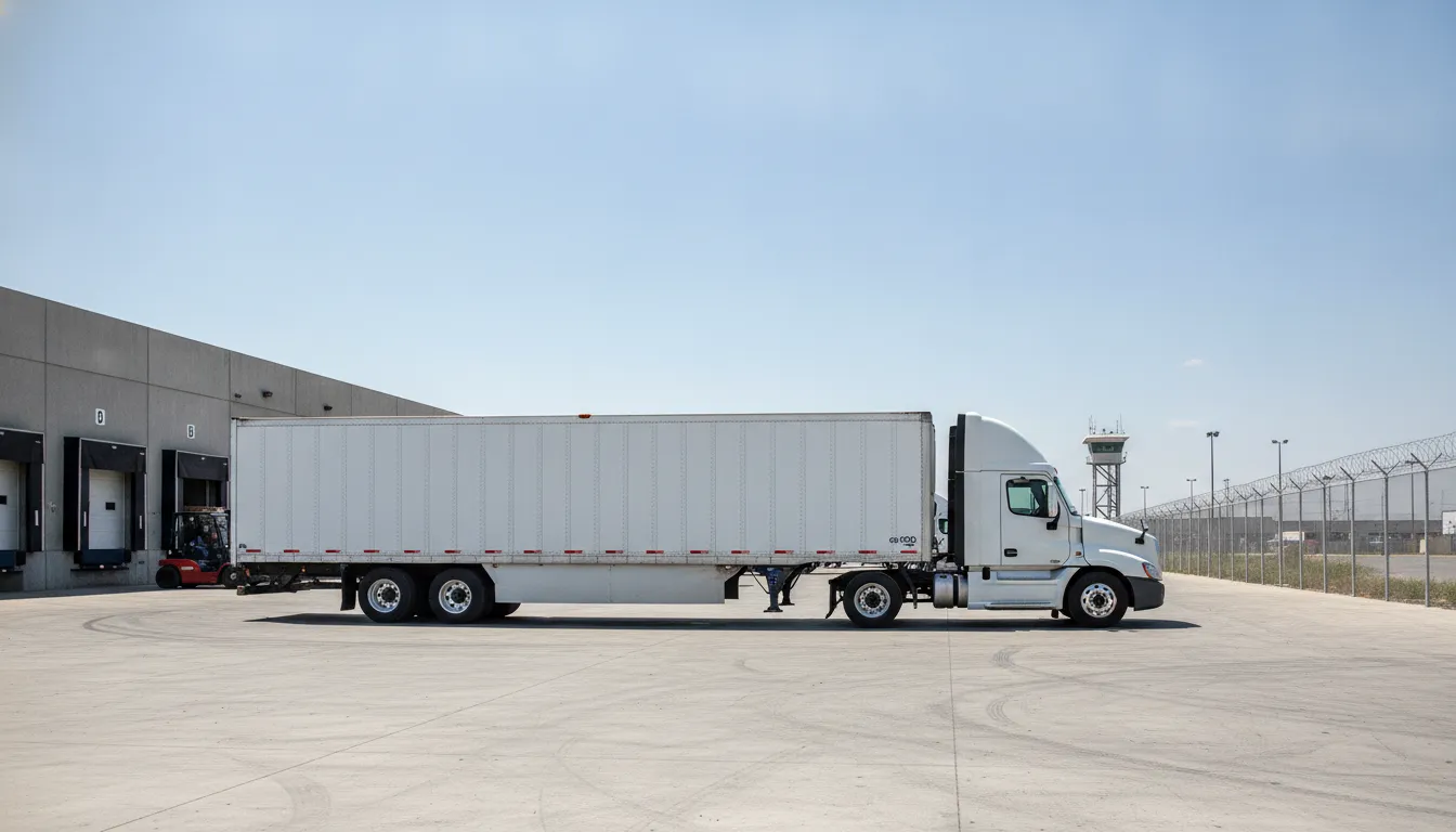 Commercial semi-truck at a secure cross-docking facility near the Laredo land port.