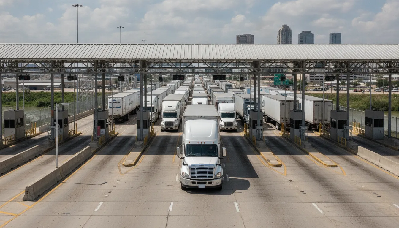 Trucks at the World Trade Bridge Laredo port of entry for US-Mexico cross border trade
