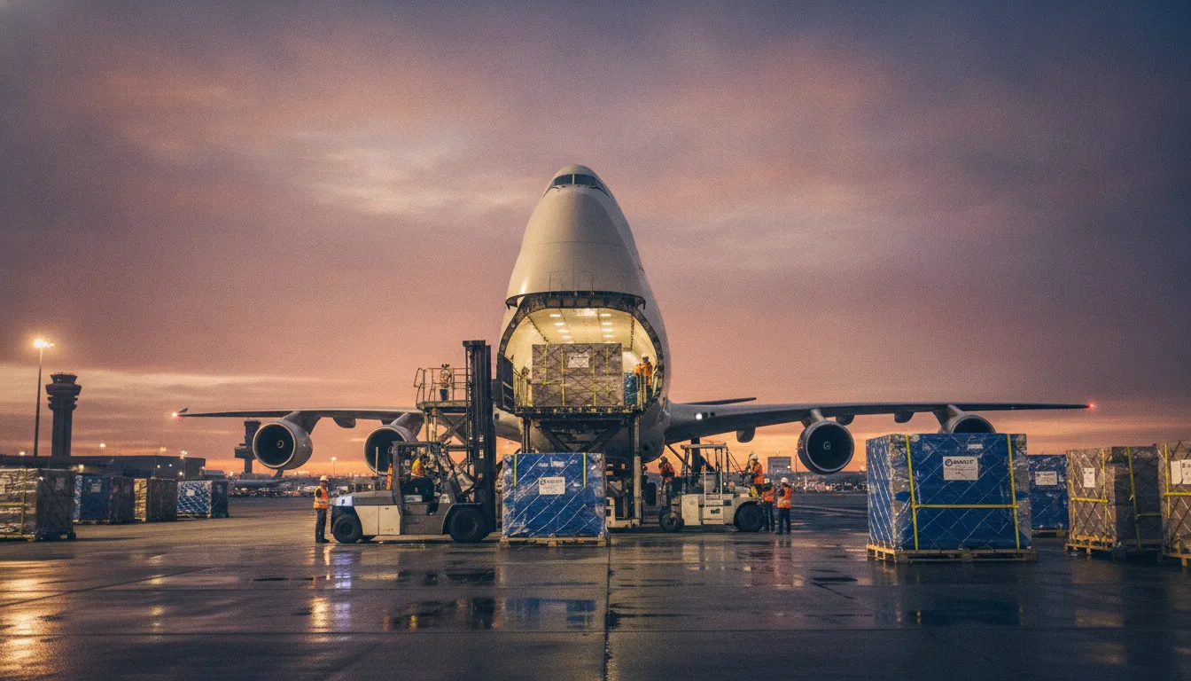 Cargo pallets and freight being loaded onto a chartered aircraft on the tarmac at dusk