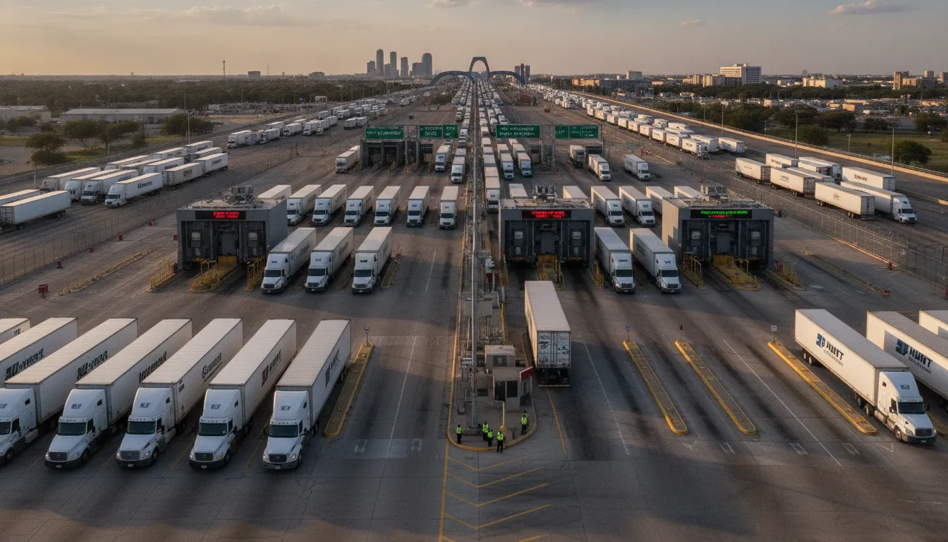 Semi-trucks crossing the US-Mexico border at a Laredo commercial port of entry
