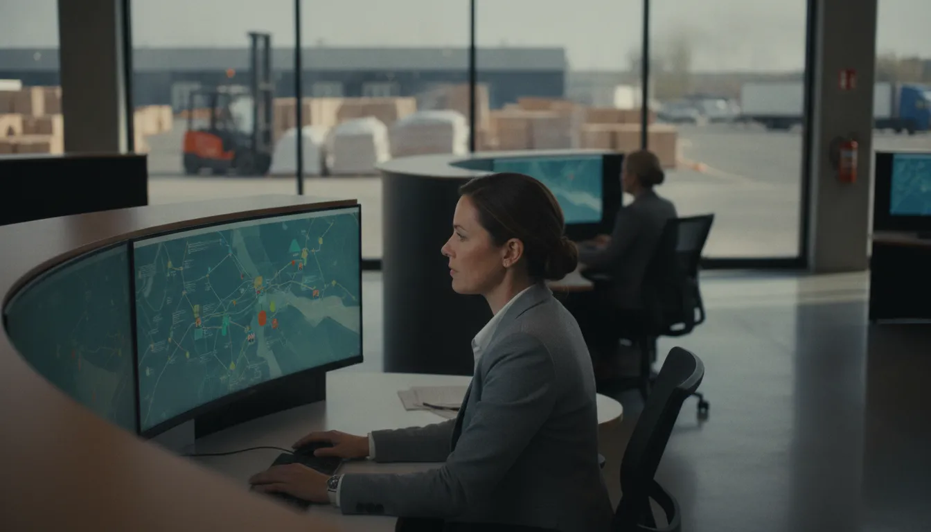 Logistics coordinator monitoring GPS shipment tracking at a dispatch desk