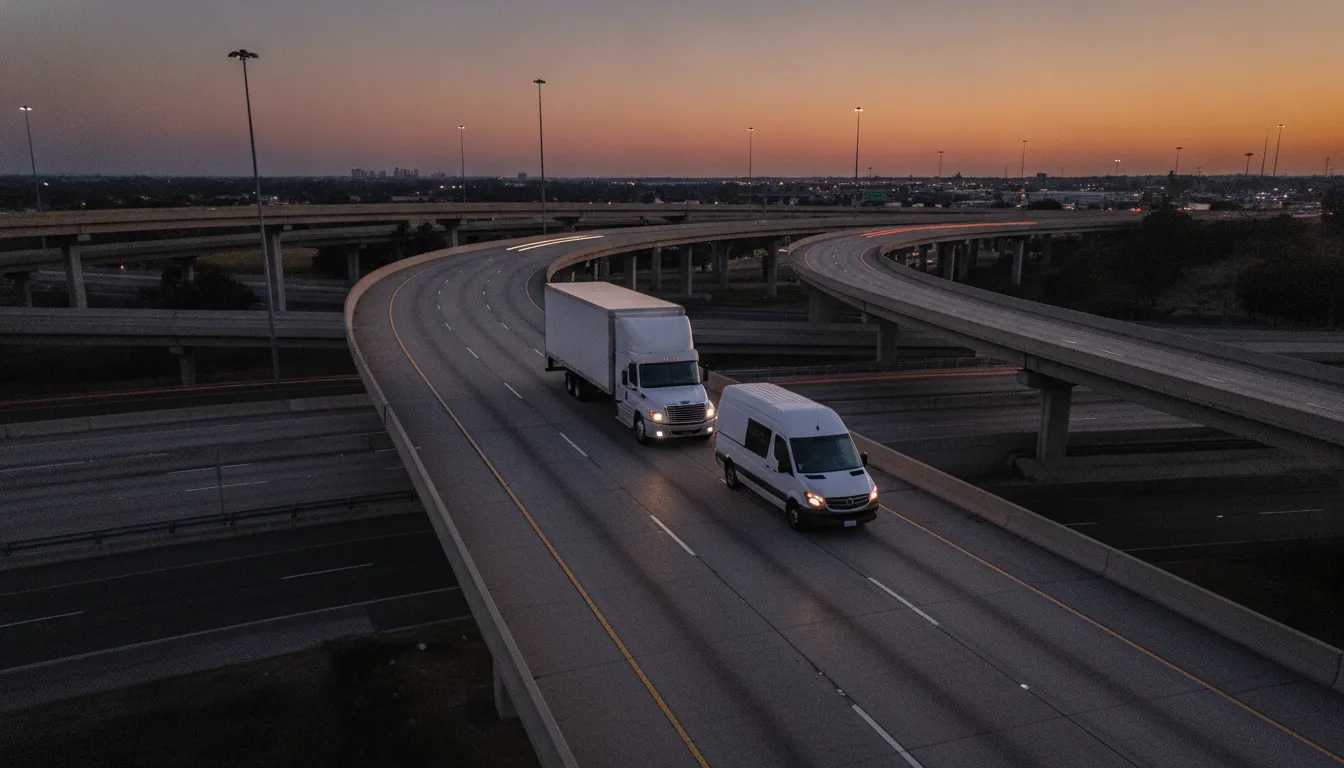 Straight truck and sprinter van hauling expedited freight on an open highway