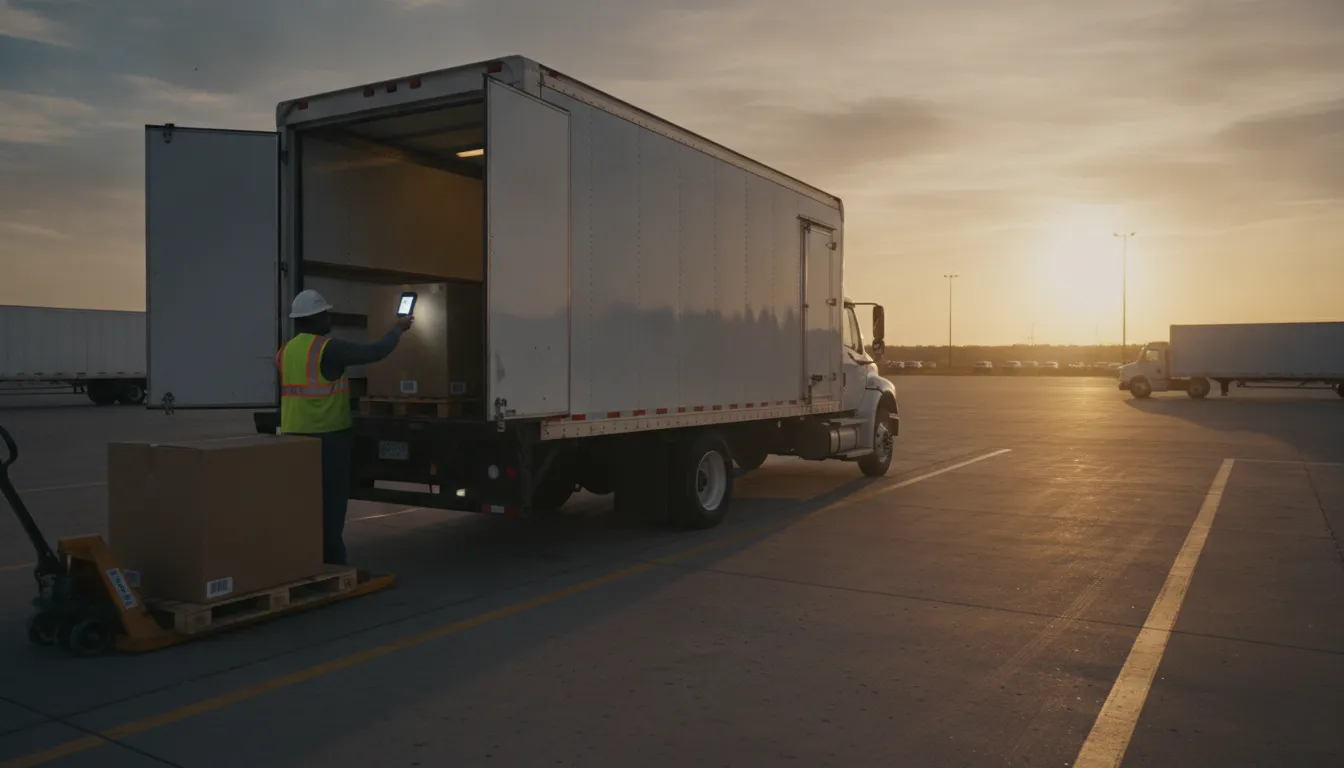 Palletized freight being loaded onto an expedited ground truck at a distribution dock