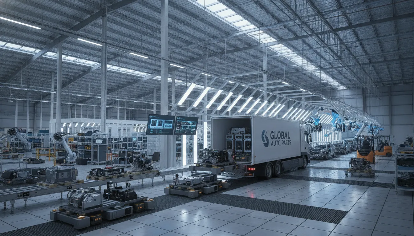 Automotive logistics truck delivering parts to a modern assembly line at a manufacturing plant