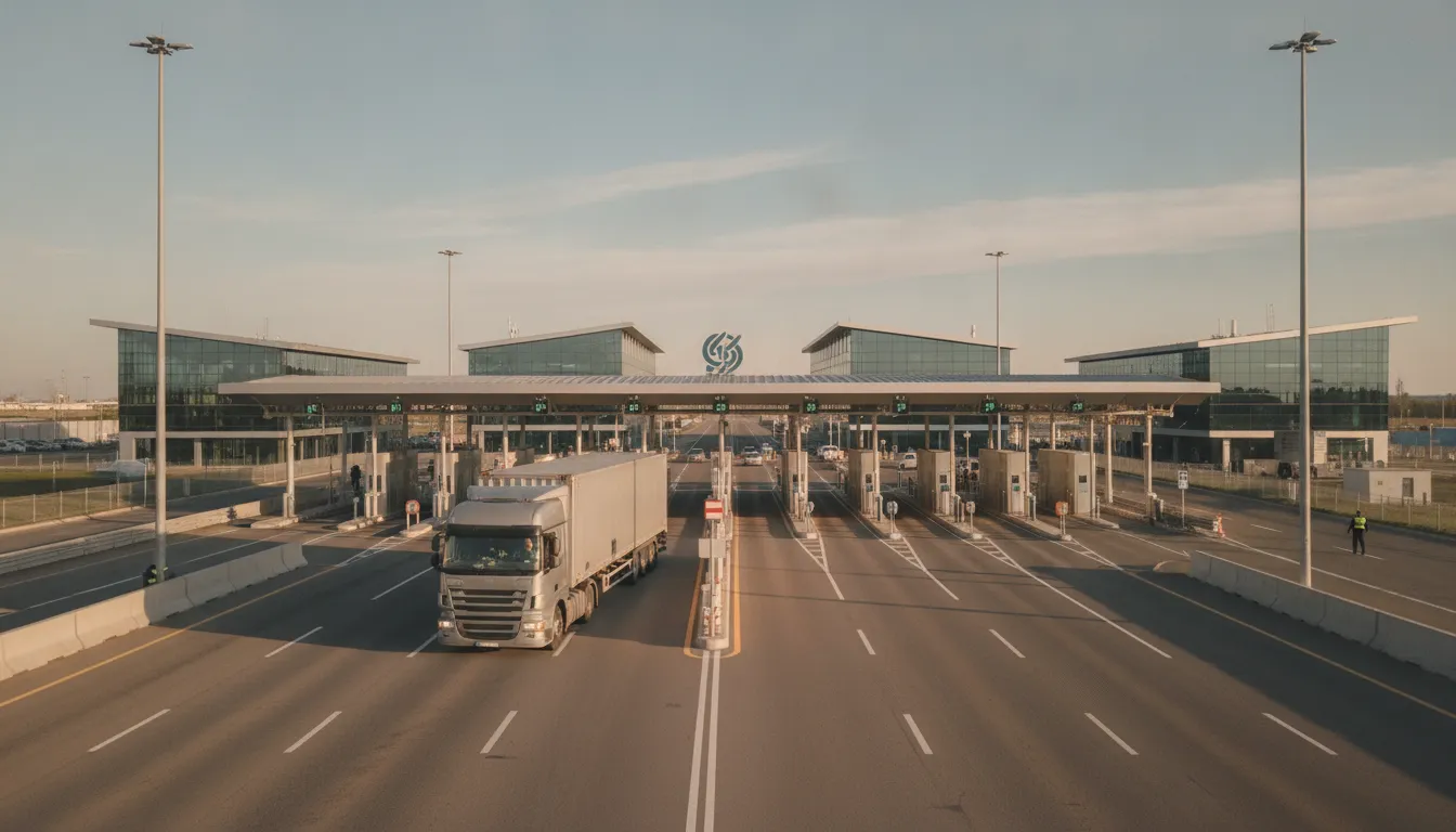 C-TPAT certified freight carrier truck moving secure cargo through a customs border checkpoint