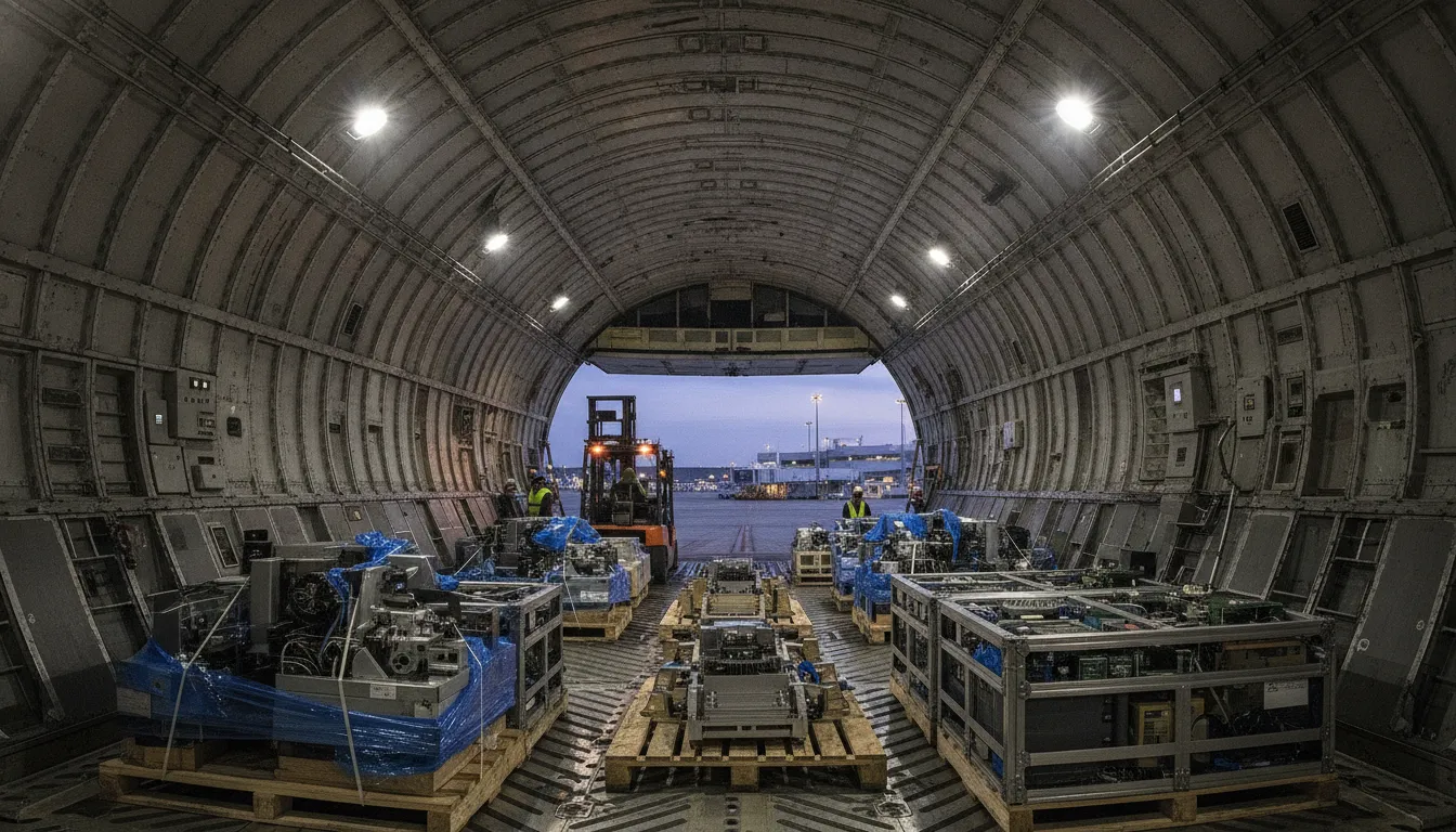 High-value manufacturing parts on pallets loaded inside a large cargo aircraft cabin.