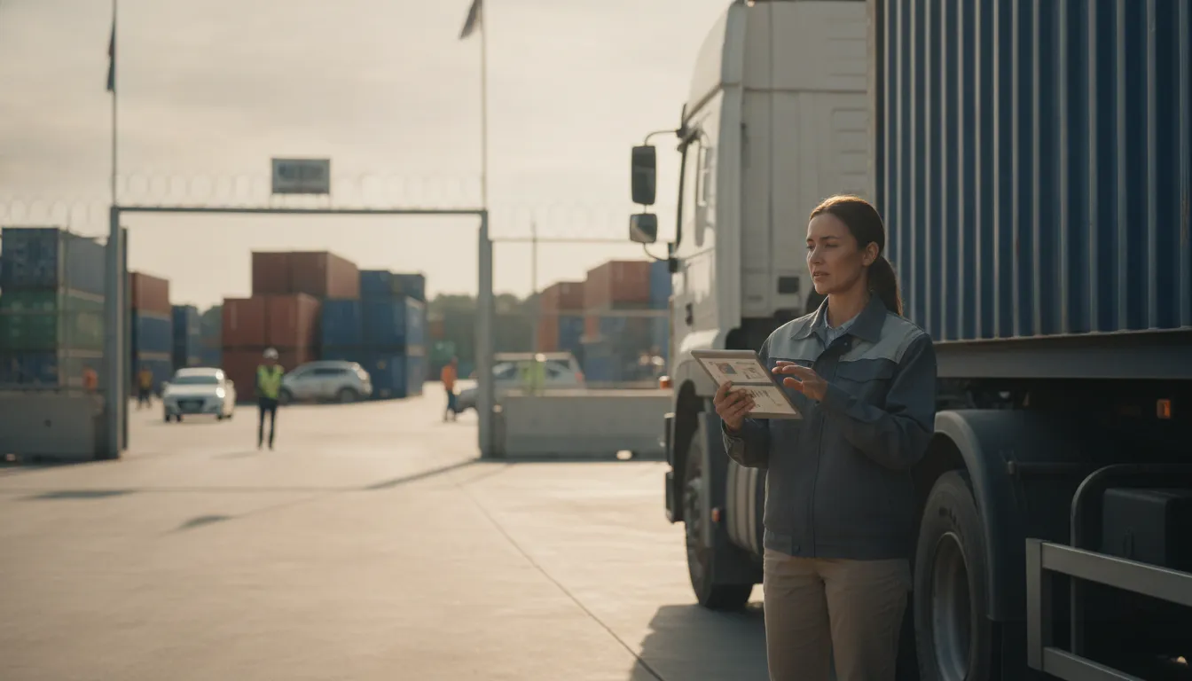Logistics team coordinating a C-TPAT certified freight carrier shipment at a secure cross-border yard