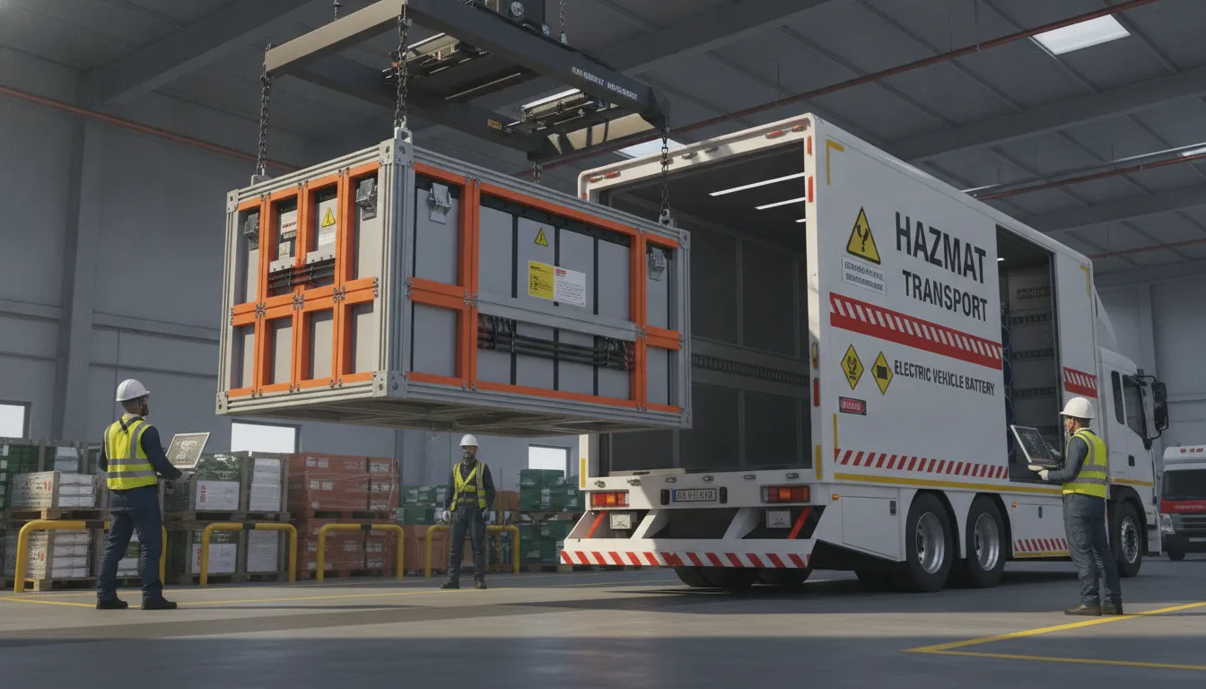 Specialized hazmat-compliant truck transporting electric vehicle batteries with temperature control equipment