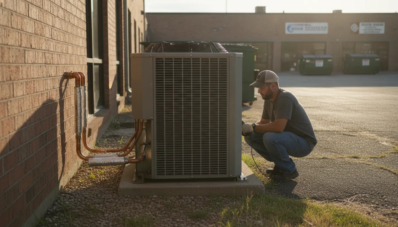Technician inspecting a commercial refrigeration condensing unit behind a Dallas-Fort Worth business