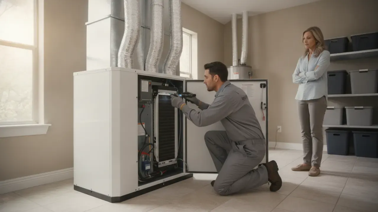 HVAC technician inspecting a heat pump air handler during a DFW home consultation